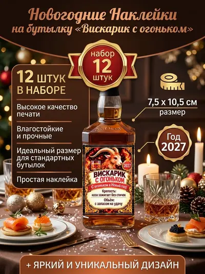 Наклейки на бутылку для Нового года "Вискарик с огоньком", 12 шт., 7,5х10,5 см